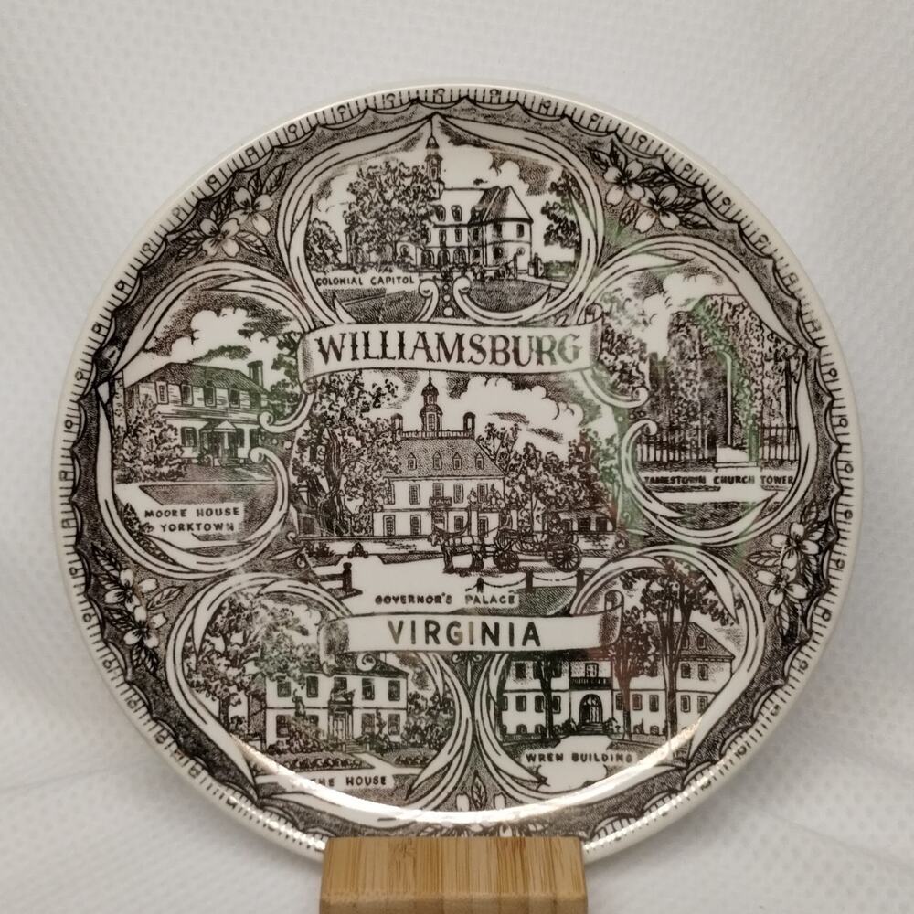 Vintage Williamsburg Virginia Souvenir Plate Multi View Landmarks Gold 10" Ceram